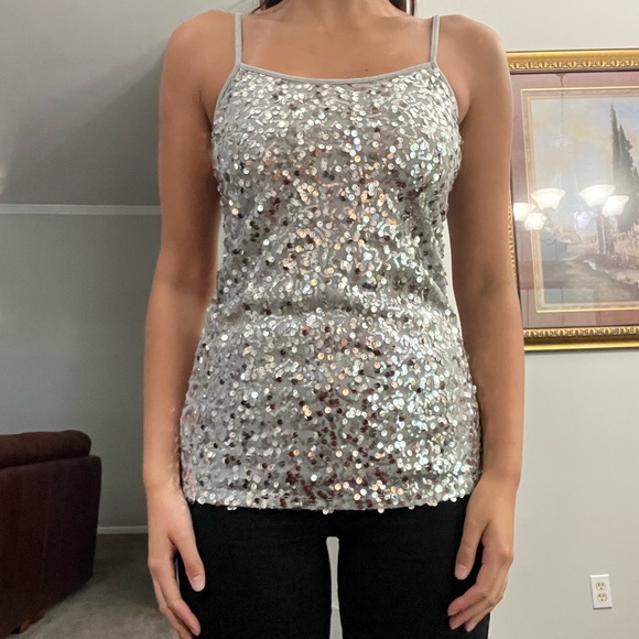 Silver Sparkly Sequin Spaghetti Strap Tank Top - Picture 1 of 3
